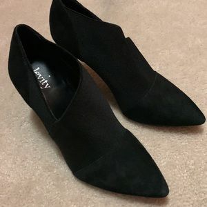 Black Levity booties, heels, leather and fabric upper size 6.5, never used